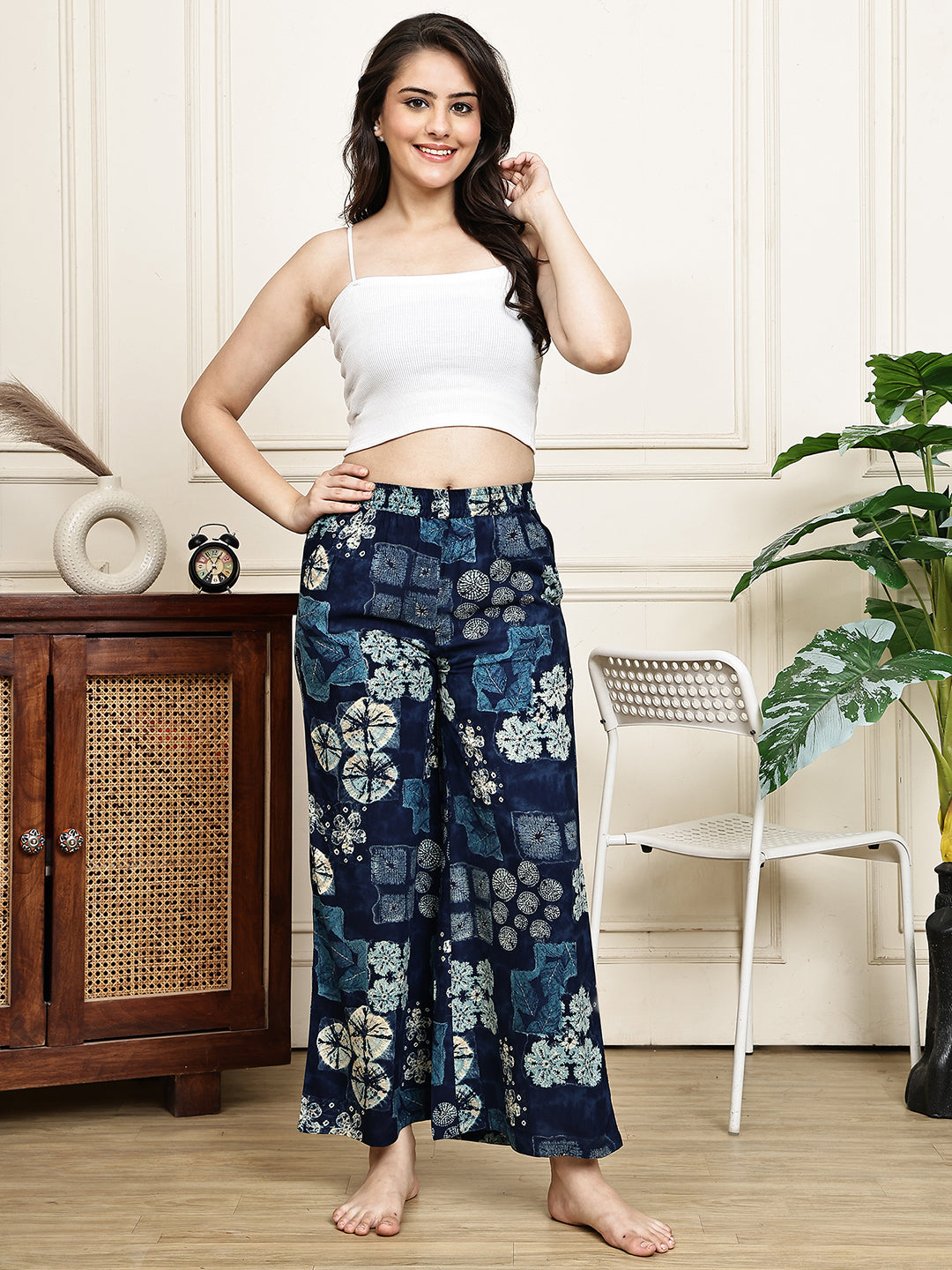 Navy Blue Abstract Printed Viscose Rayon Lounge Pants for Women