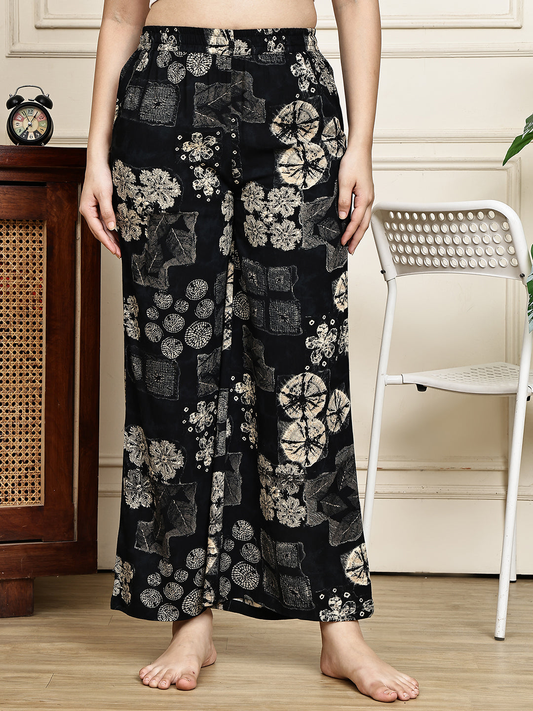 Black Abstract Printed Viscose Rayon Lounge Pants for Women