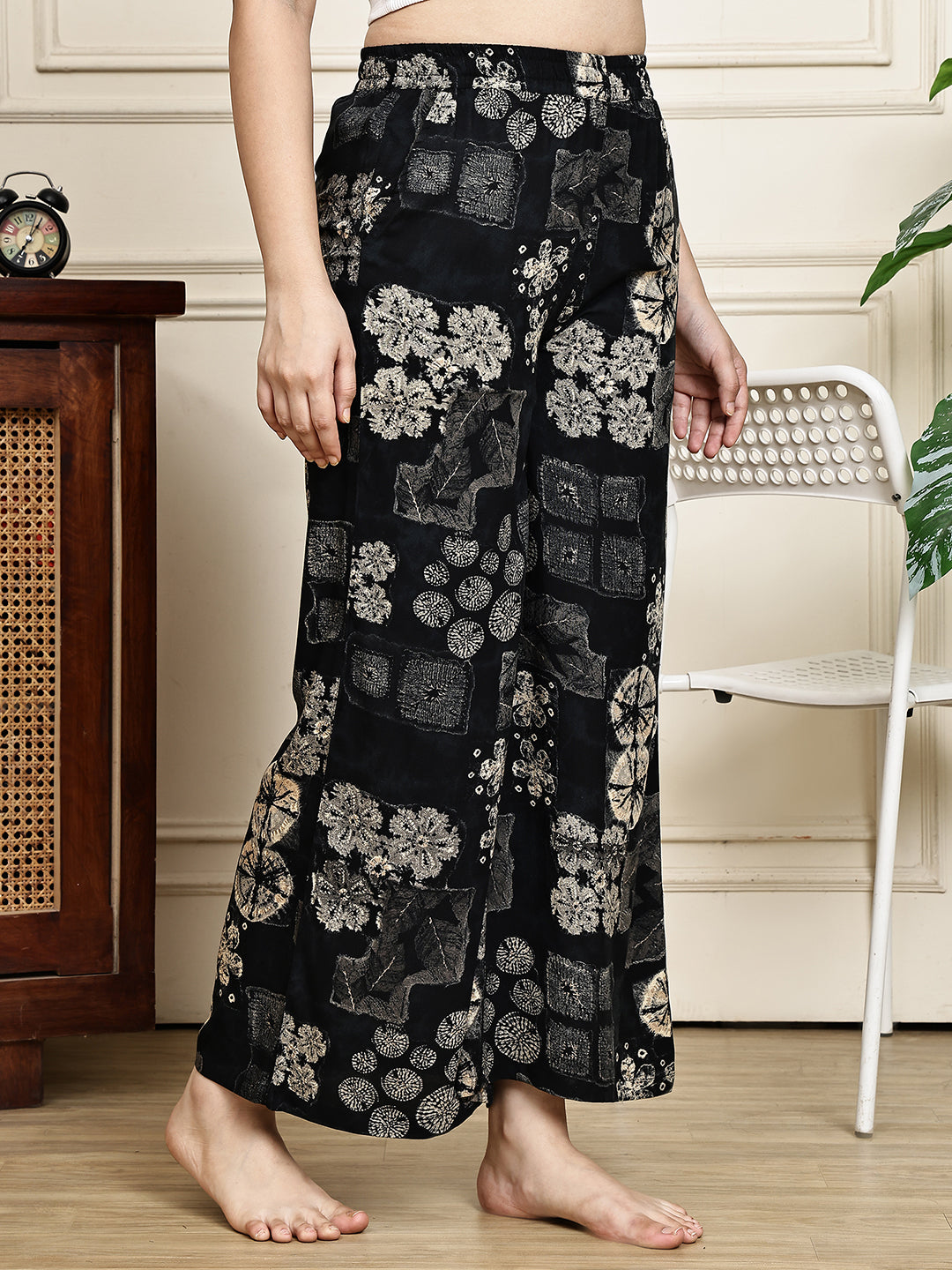 Black Abstract Printed Viscose Rayon Lounge Pants for Women