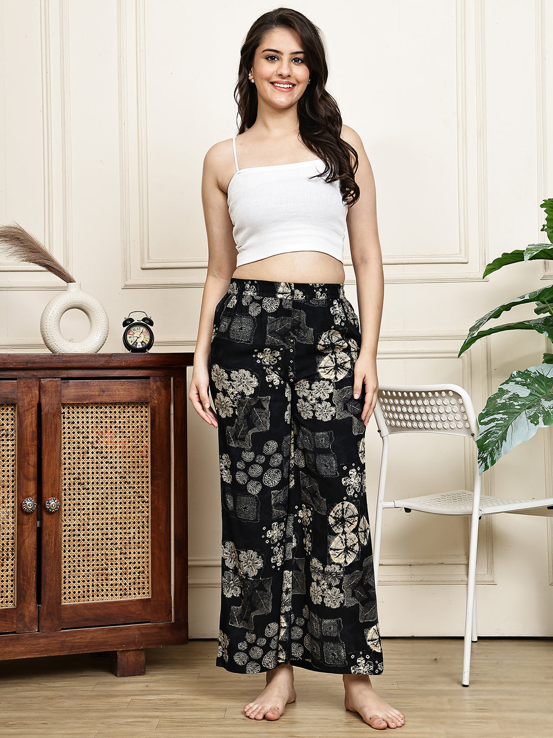 Black Abstract Printed Viscose Rayon Lounge Pants for Women