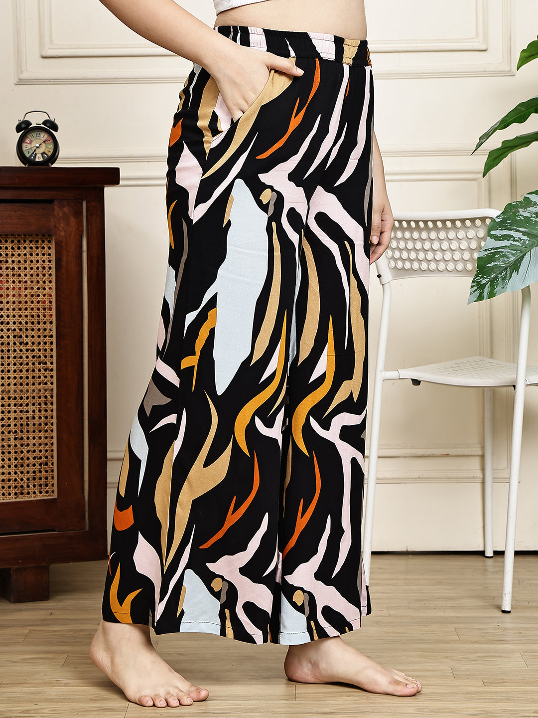 Black Colour Abstract Printed Viscose Rayon Lounge Pants For Women