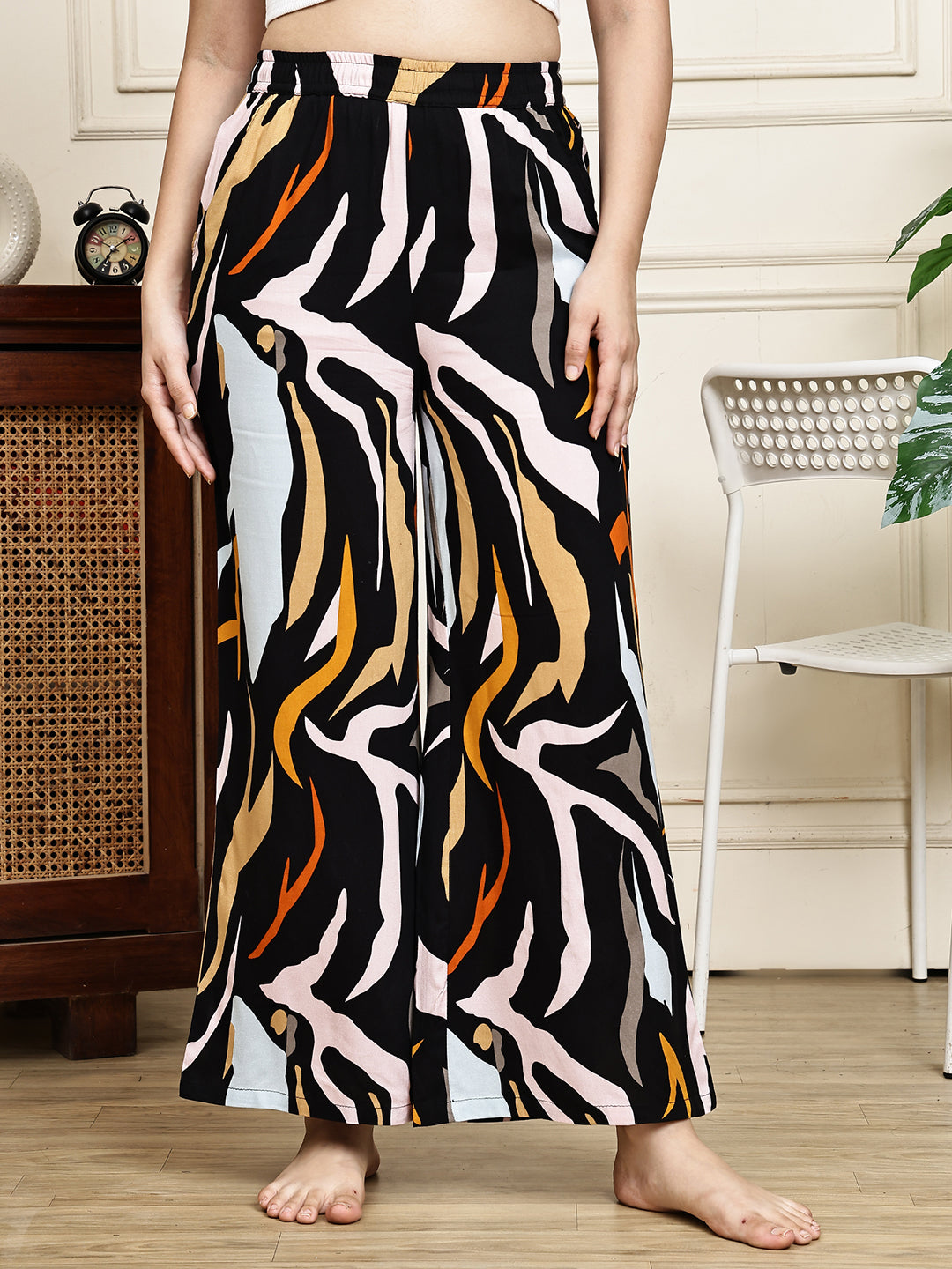 Black Colour Abstract Printed Viscose Rayon Lounge Pants For Women