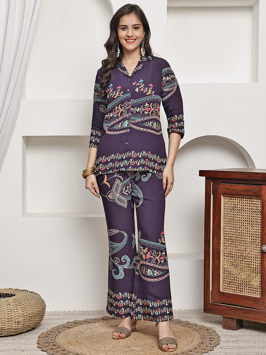Purple Colour Abstract Printed Premium Chanderi Co-Ord Set for Women