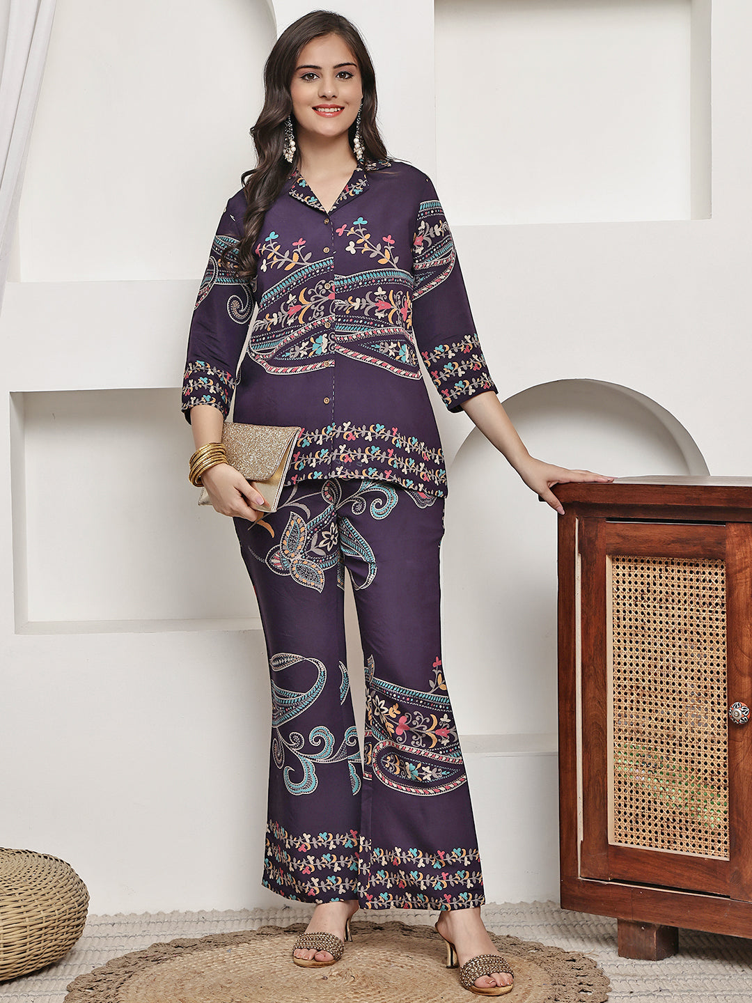 Purple Colour Abstract Printed Premium Chanderi Co-Ord Set for Women