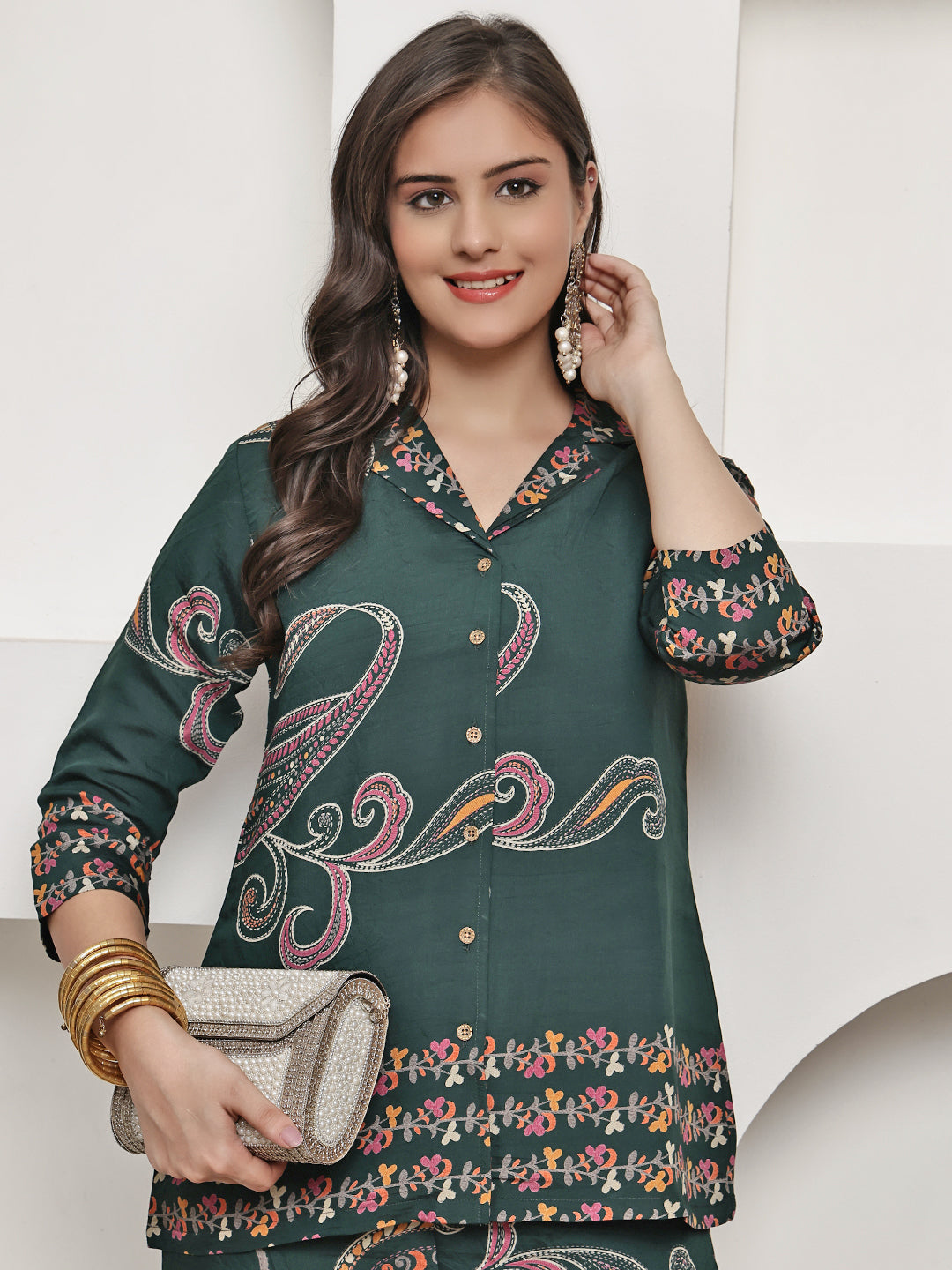 Green Colour Abstract Printed Premium Chanderi Co-Ord Set for Women