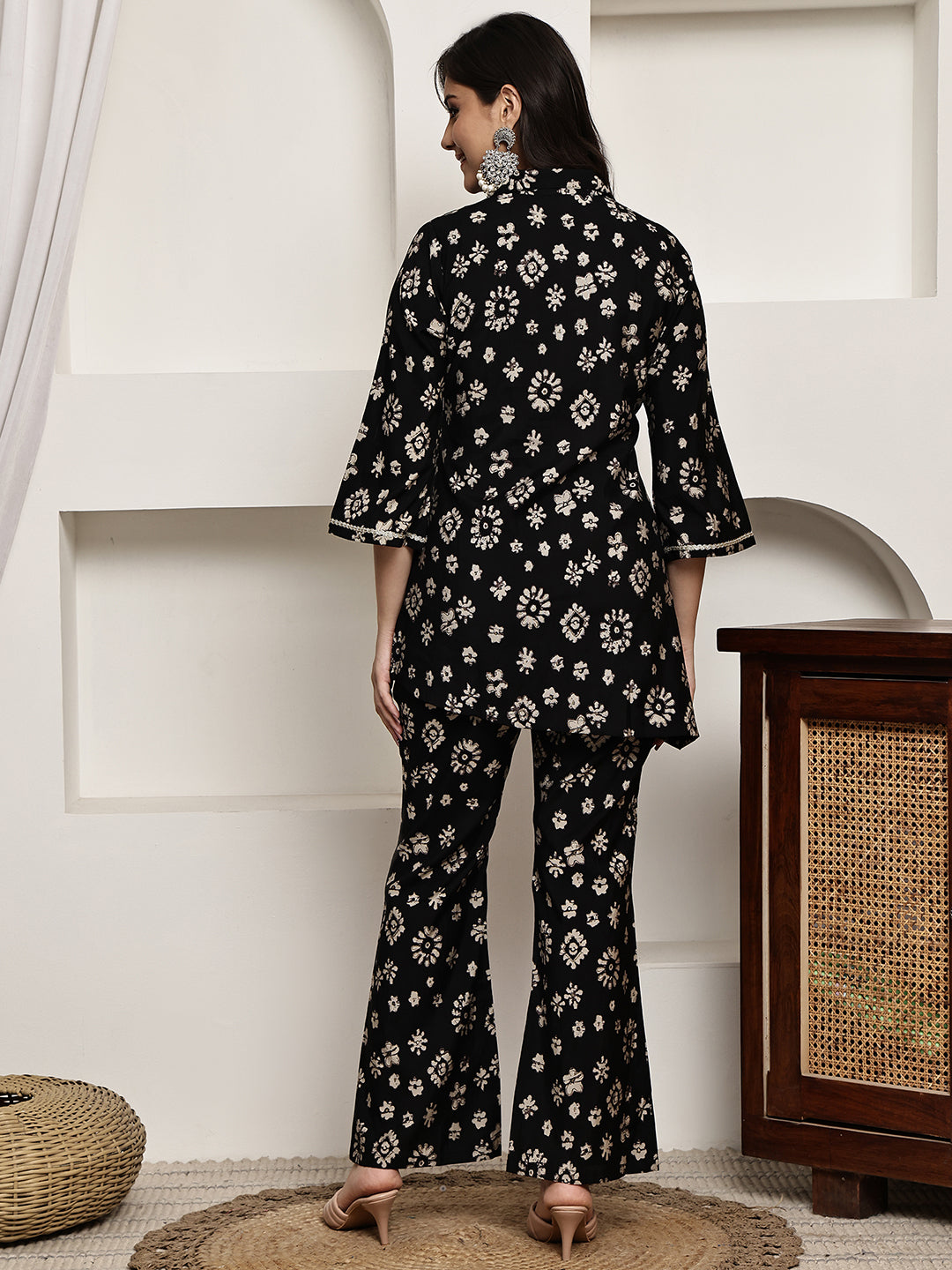 Black Colour Floral Printed Premium Chanderi Co-ord Set For Women