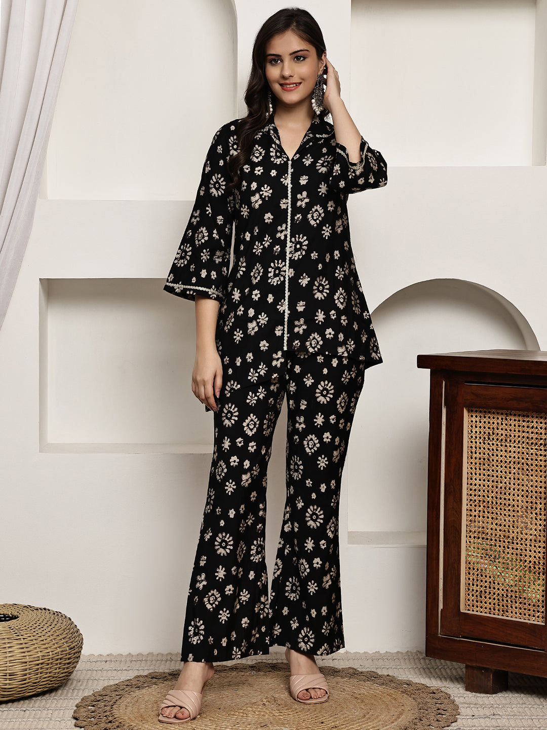 Black Colour Floral Printed Premium Chanderi Co-ord Set For Women