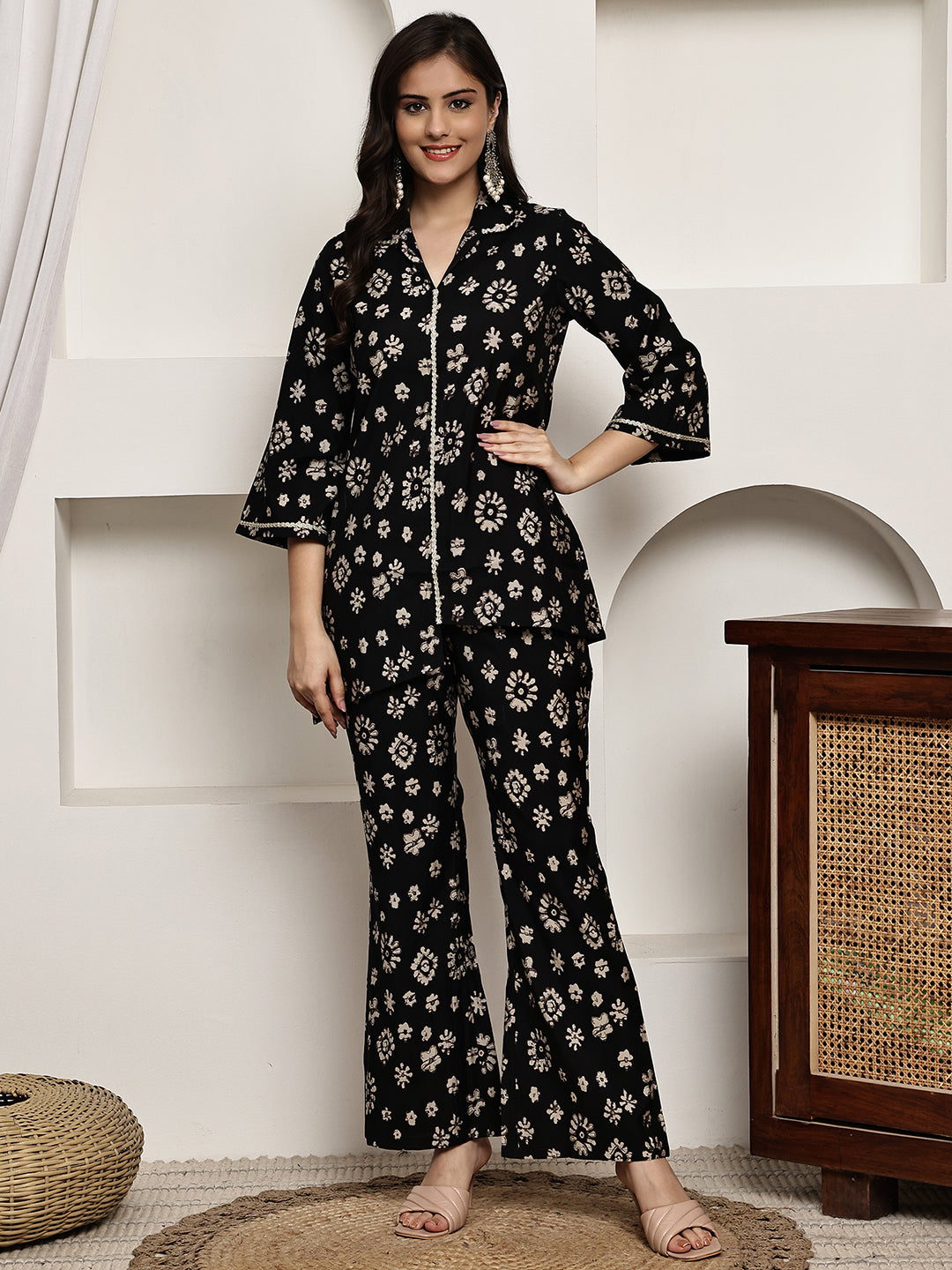 Black Colour Floral Printed Premium Chanderi Co-ord Set For Women