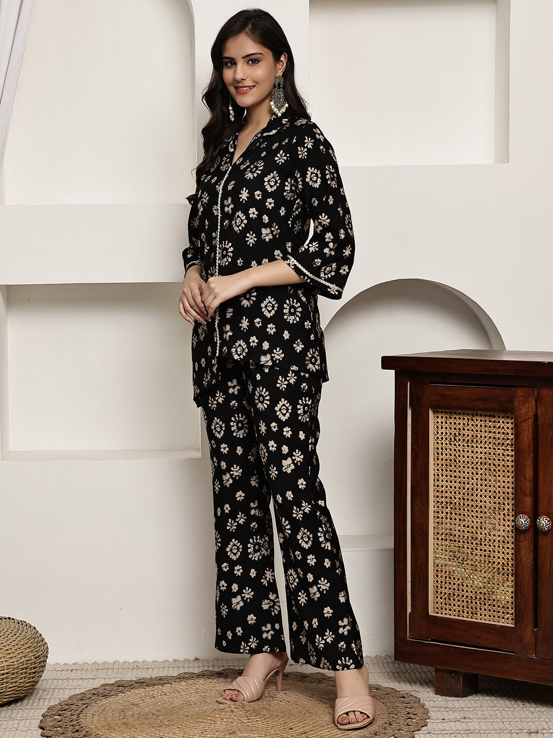 Black Colour Floral Printed Premium Chanderi Co-ord Set For Women
