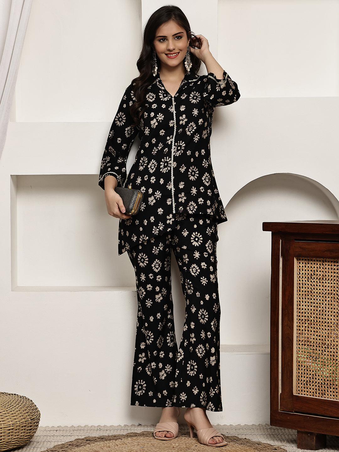 Black Colour Floral Printed Premium Chanderi Co-ord Set For Women