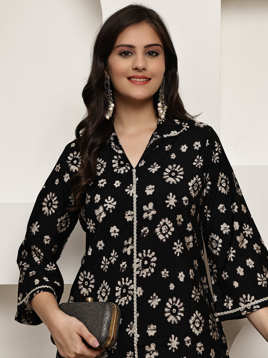 Black Colour Floral Printed Premium Chanderi Co-ord Set For Women