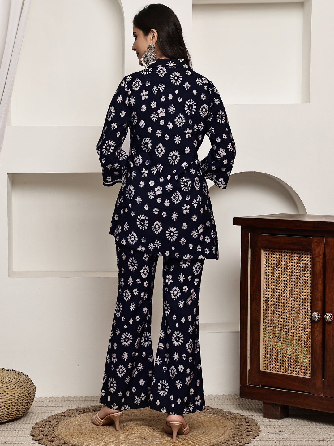 Navy Blue Colour Floral Printed Premium Chanderi Co-ord Set For Women
