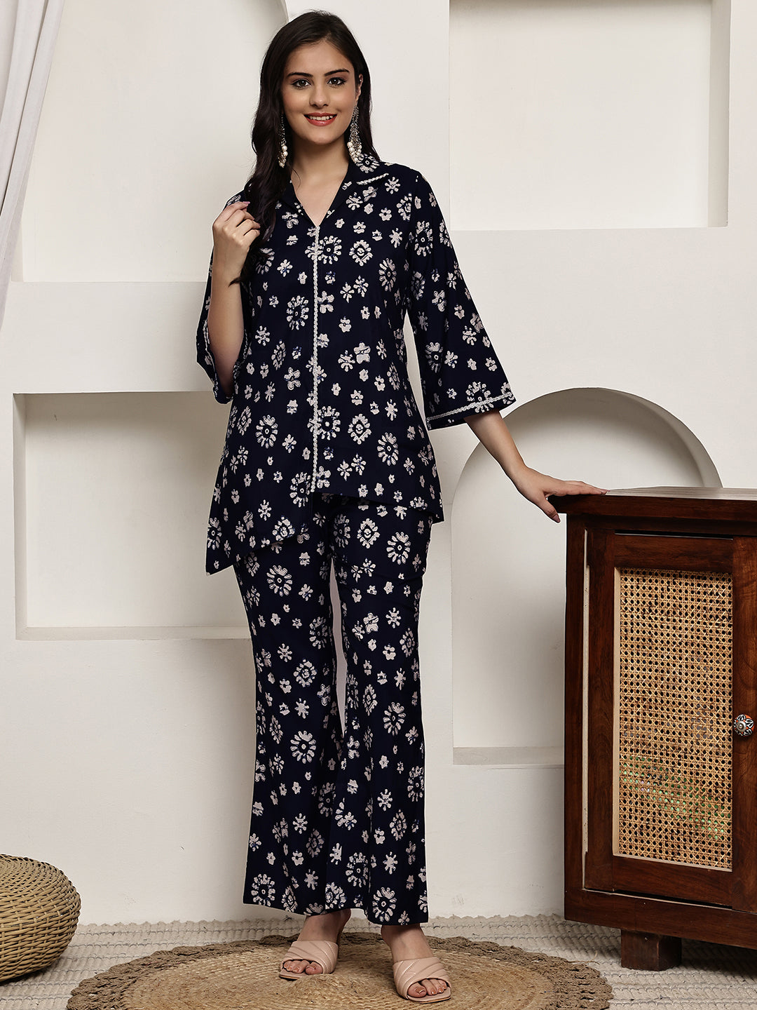 Navy Blue Colour Floral Printed Premium Chanderi Co-ord Set For Women