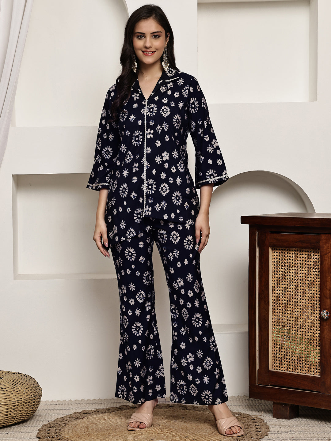 Navy Blue Colour Floral Printed Premium Chanderi Co-ord Set For Women