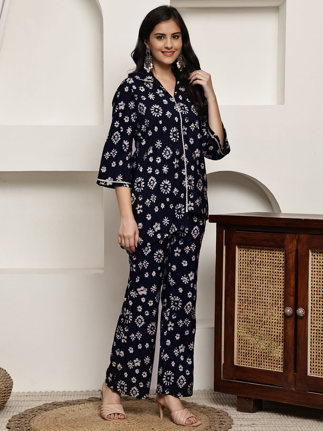 Navy Blue Colour Floral Printed Premium Chanderi Co-ord Set For Women