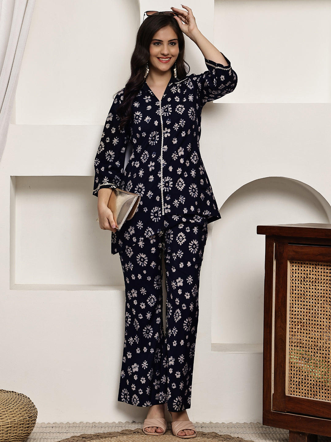 Navy Blue Colour Floral Printed Premium Chanderi Co-ord Set For Women