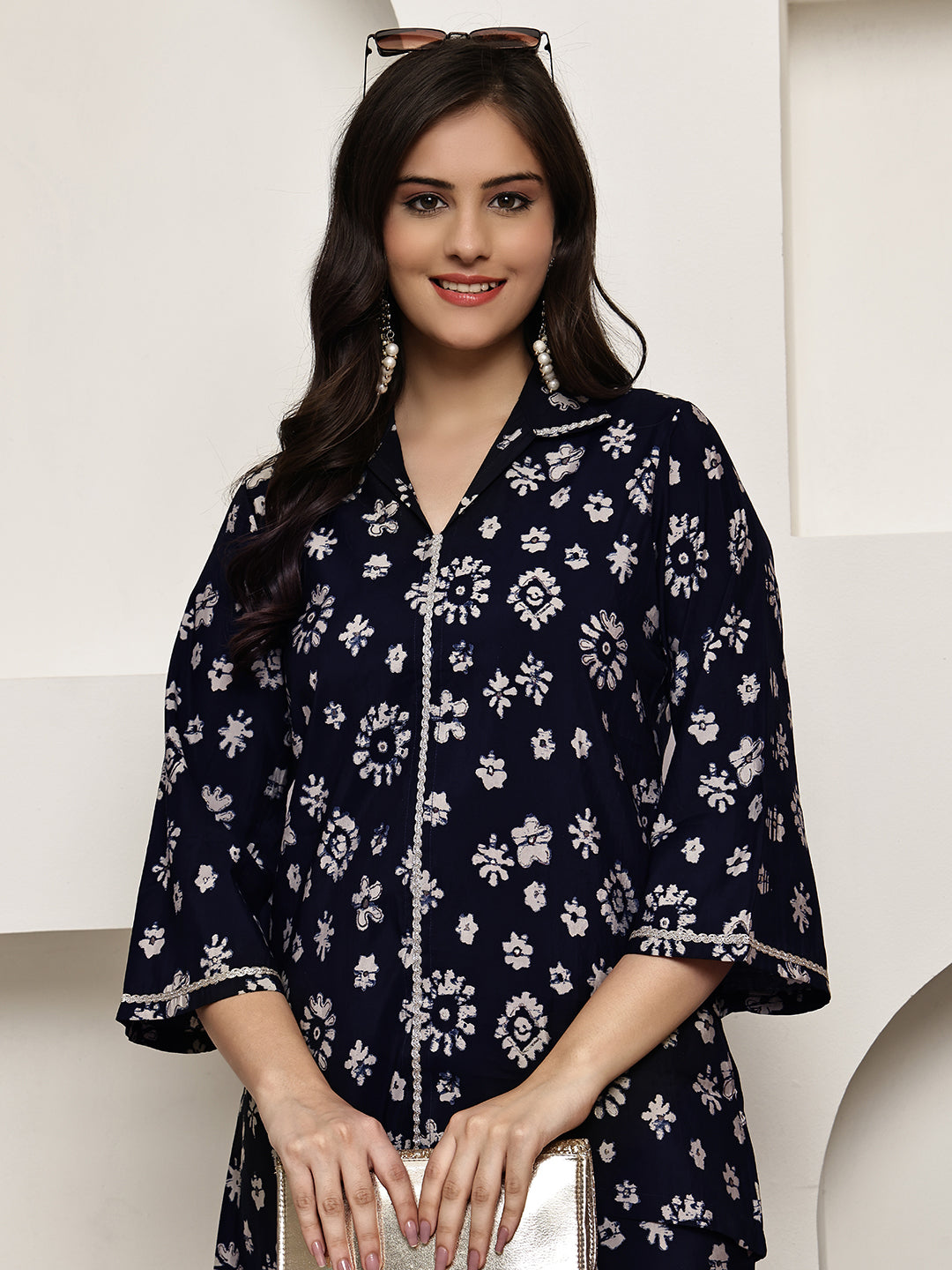 Navy Blue Colour Floral Printed Premium Chanderi Co-ord Set For Women
