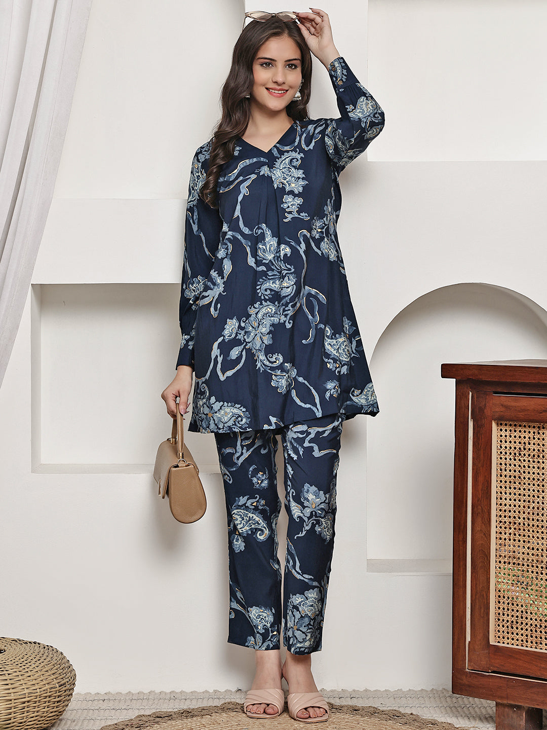 Navy Blue Floral Printed Premium Chanderi Co-Ord Set for Women