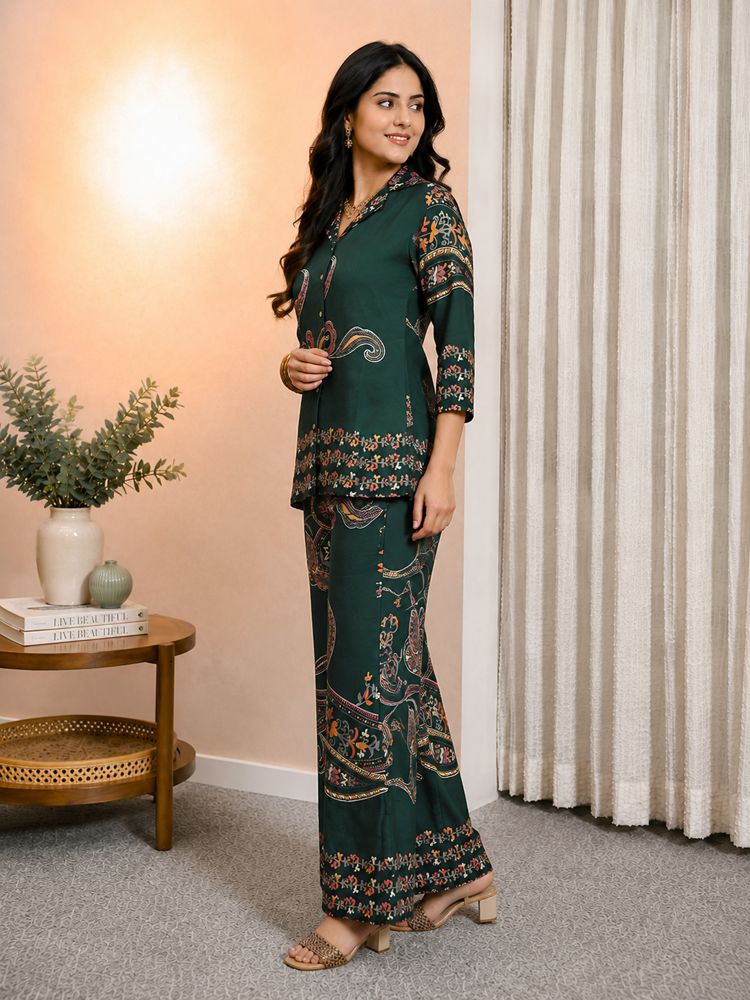 Green Abstract Printed Chanderi Silk Casual Co-ord Set for Women