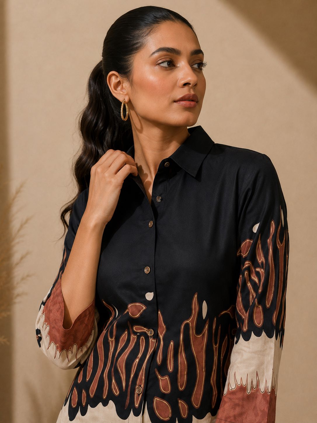 Woman styling Black Abstract Printed co-ord set, lifestyle look, shirt and pants