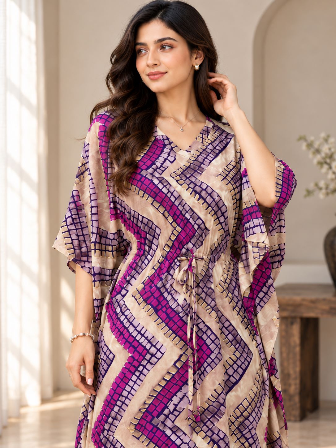 Purple Geometric Print V-Neck Kaftan Maxi Dress For Women | Claura