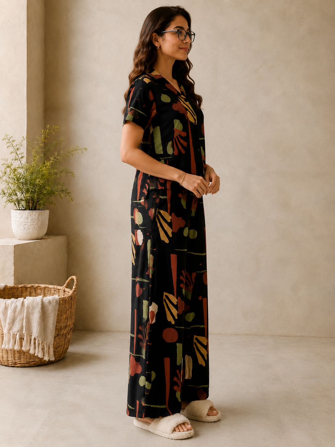 Black Boho Abstract Printed Button-Down Night Suit | Claura