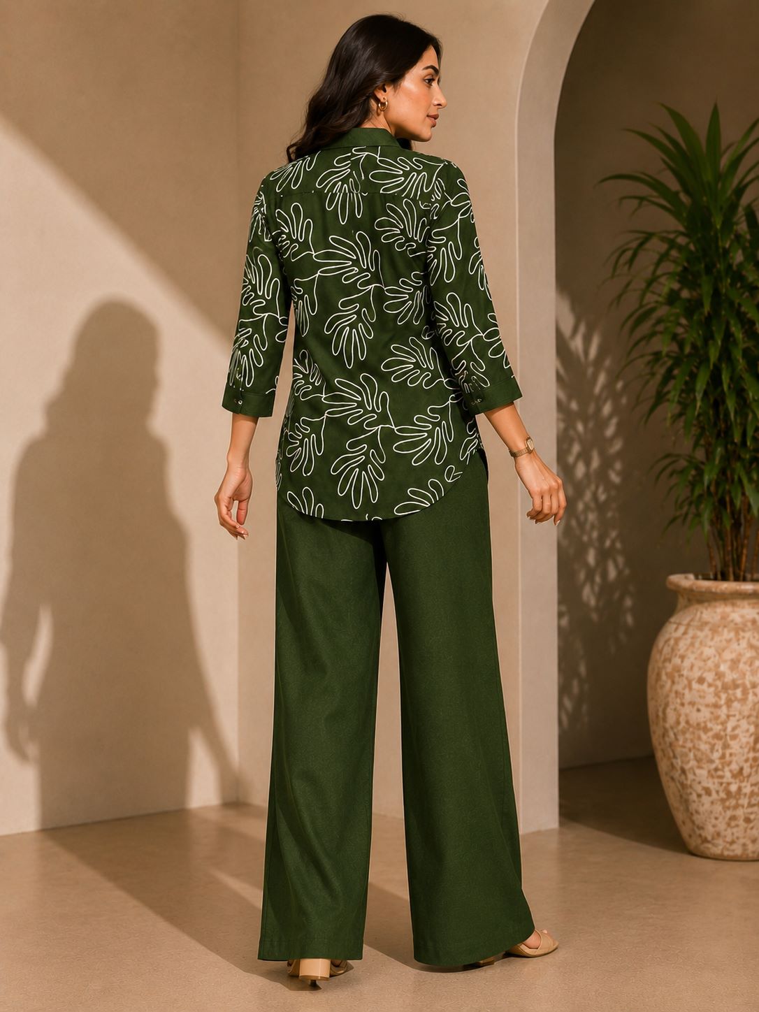 Olive Green Embroidered Linen Co-ord Set | Claura