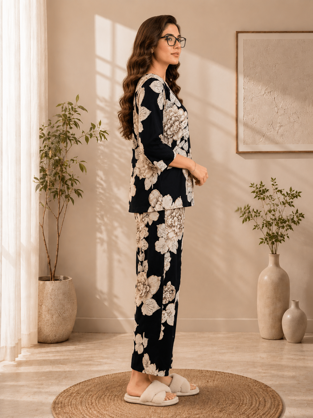 Black Floral Printed Round Neck 3/4 Sleeve Night Suit Set For Women | Claura