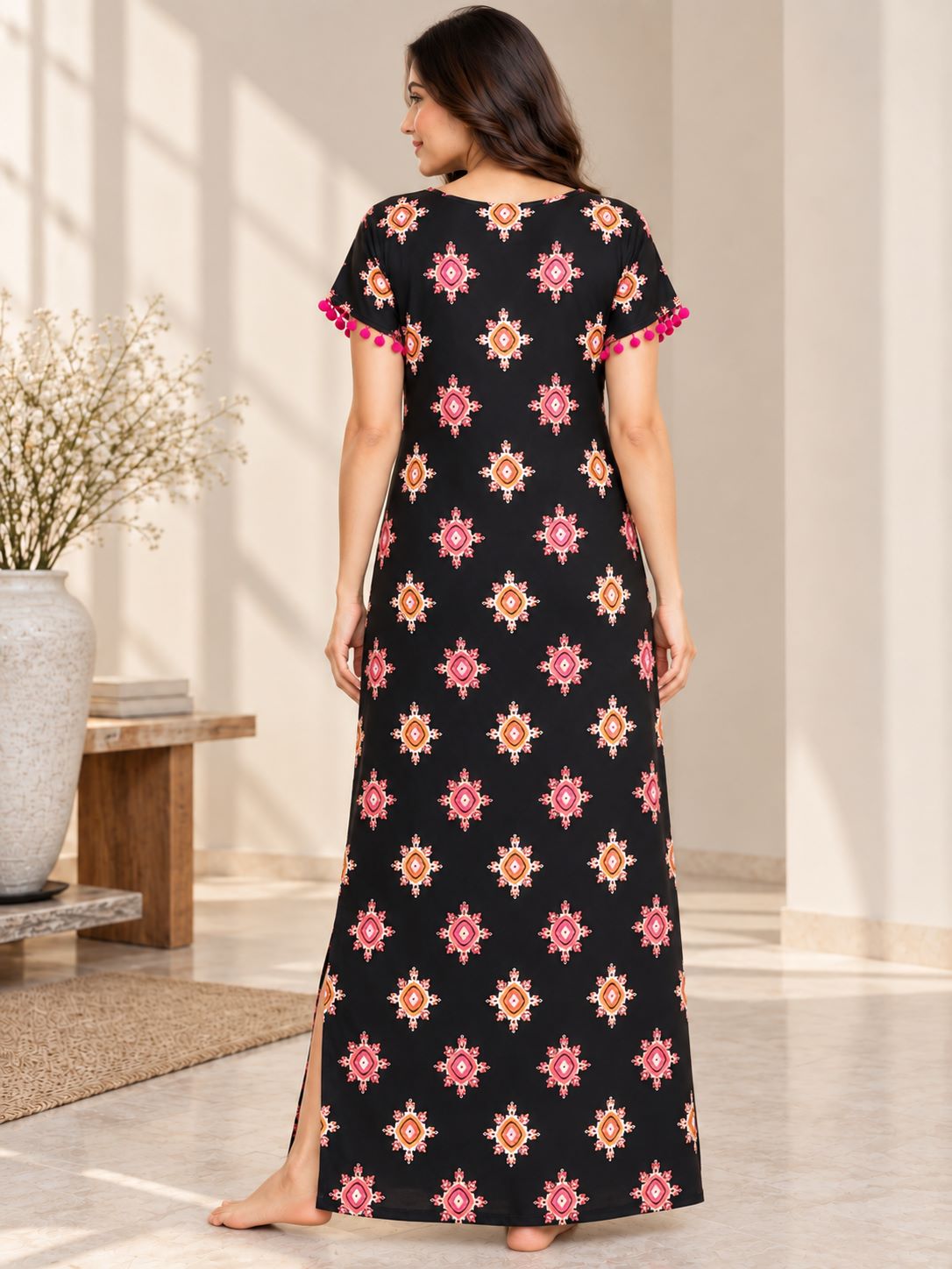 Black Geometric Print Round Neck Maxi Nighty For Women | Claura
