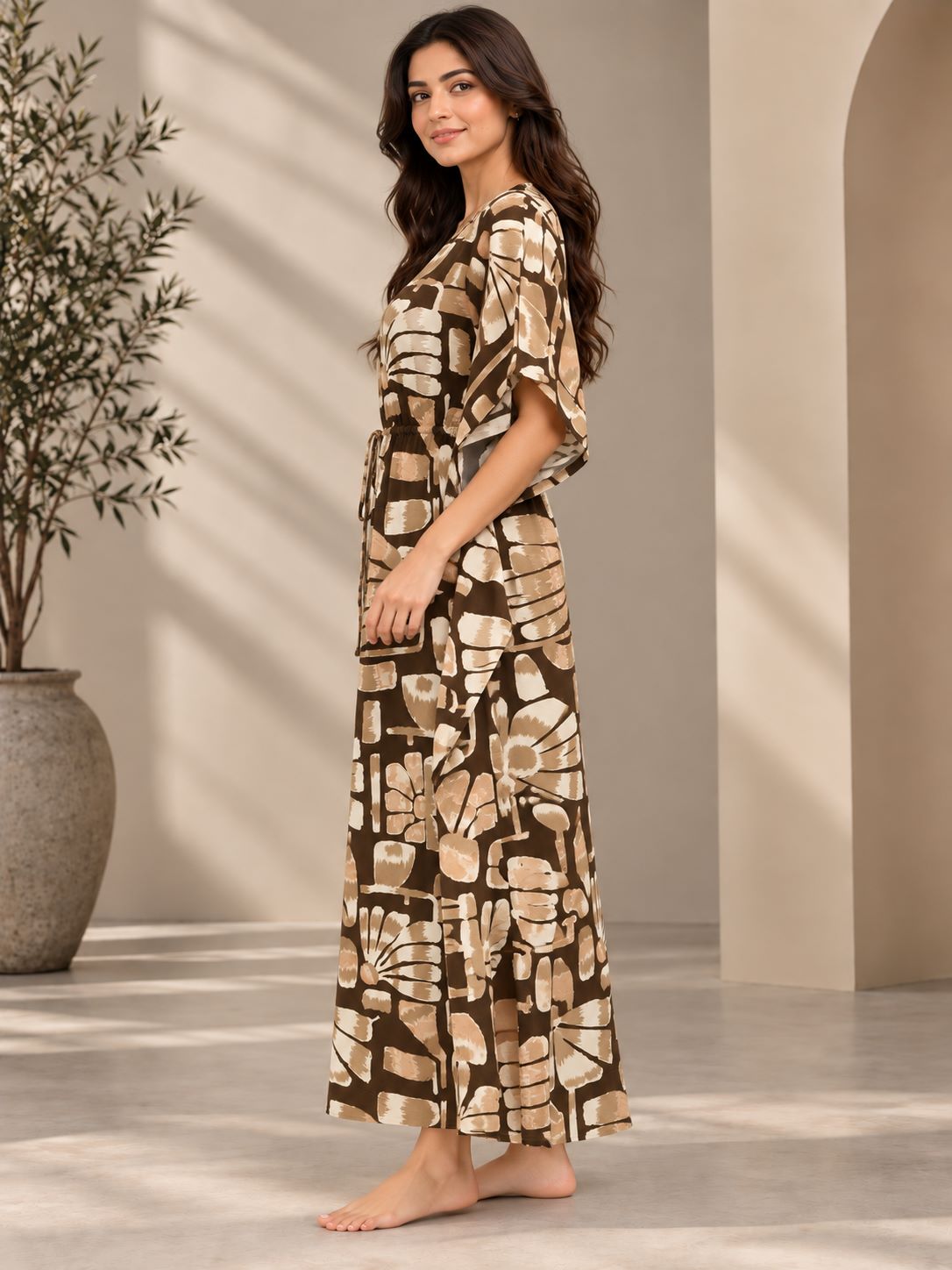 Brown Abstract Floral Print V-Neck Maxi Nightdress | Claura