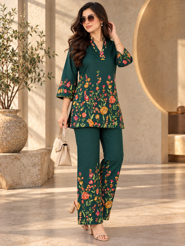 Green Romantic Bloom Printed Tunic with Palazzos | Claura