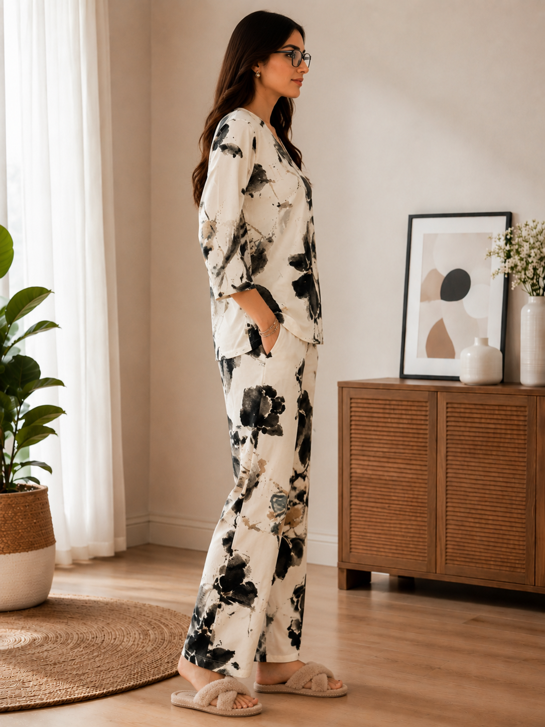 White Printed Round Neck 3/4 Sleeve Night Suit Set For Women | Claura
