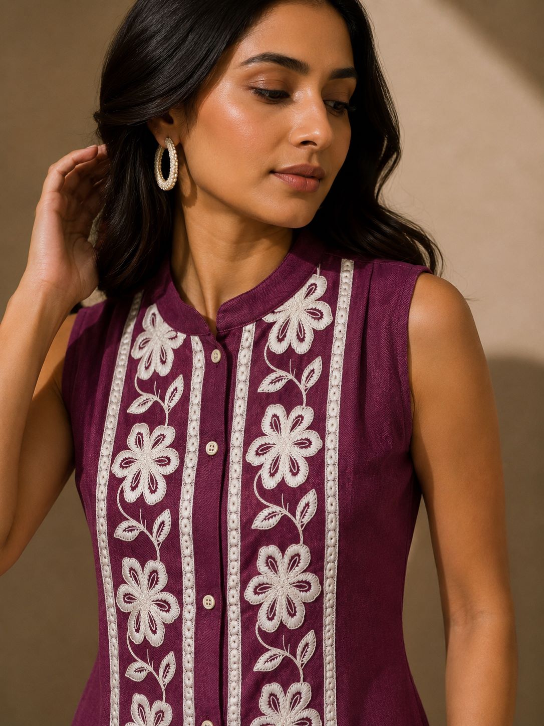 Purple Embroidered Sleeveless Linen Top & Palazzo Set | Claura