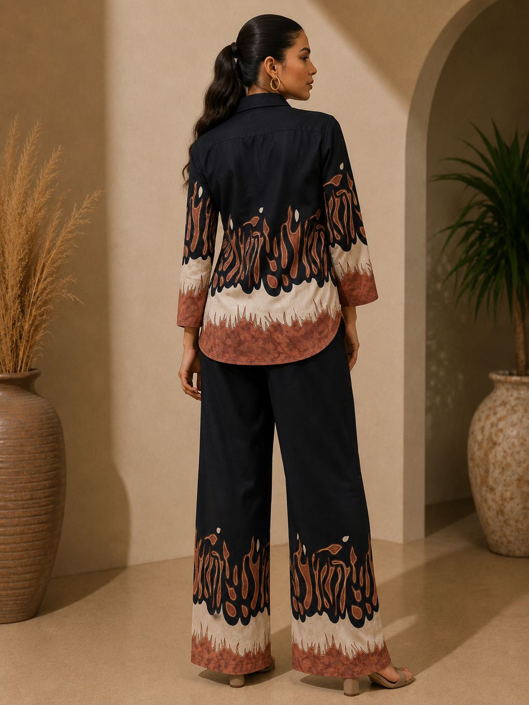 Black Color Abstract Printed Silk Co-Ord Set For Women | Claura