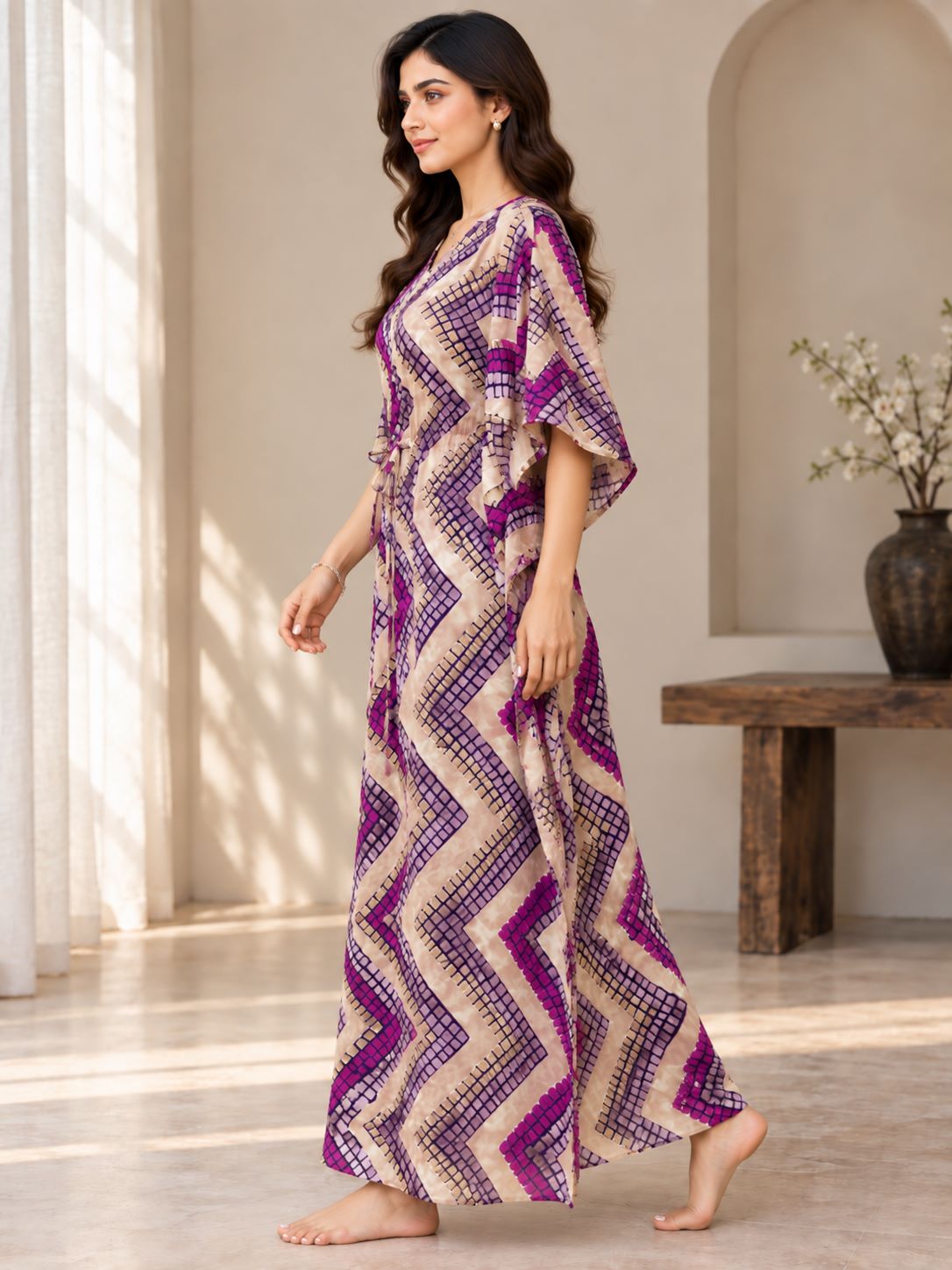 Purple Geometric Print V-Neck Kaftan Maxi Dress For Women | Claura