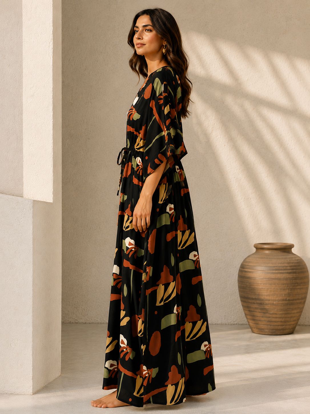 Black Boho Abstract Print Kaftan Maxi Dress with V-Neck | Claura