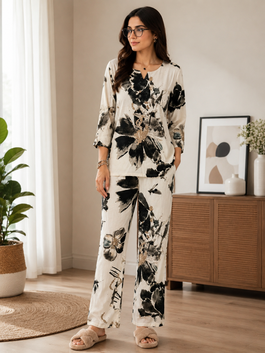 White Printed Round Neck 3/4 Sleeve Night Suit Set For Women | Claura