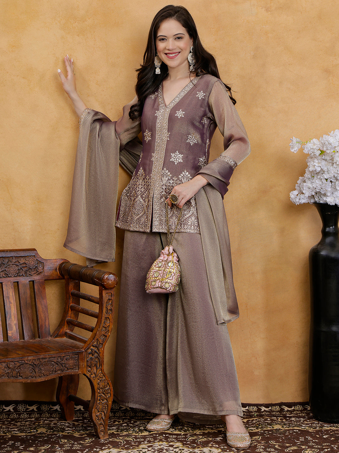 Purple Floral Elegance Silk Blend Suit Set with Dupatta