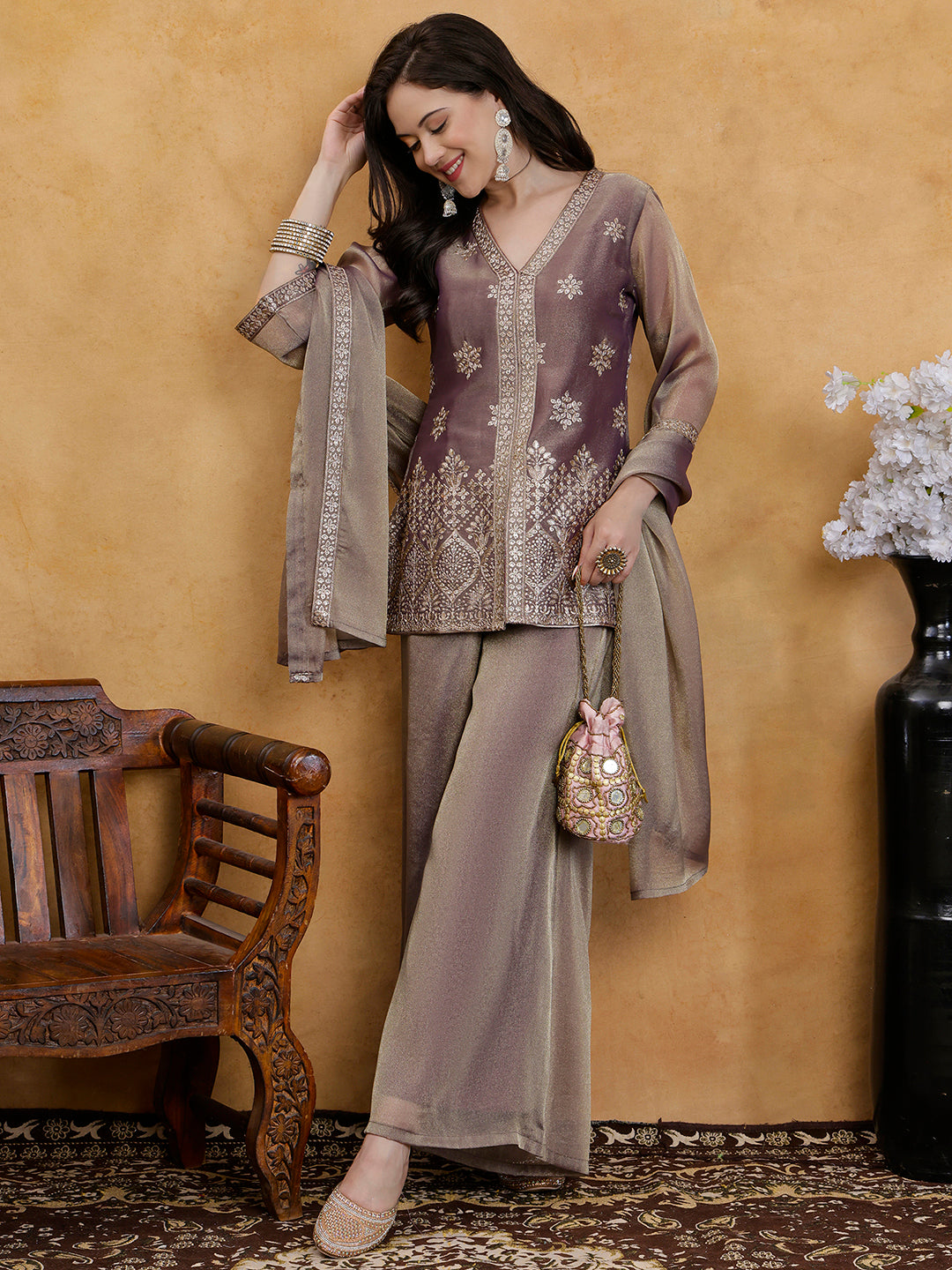 Purple Floral Elegance Silk Blend Suit Set with Dupatta