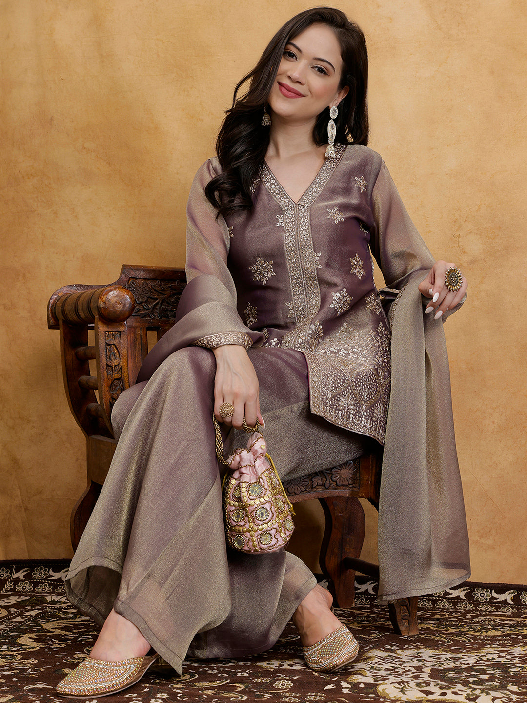 Purple Floral Elegance Silk Blend Suit Set with Dupatta