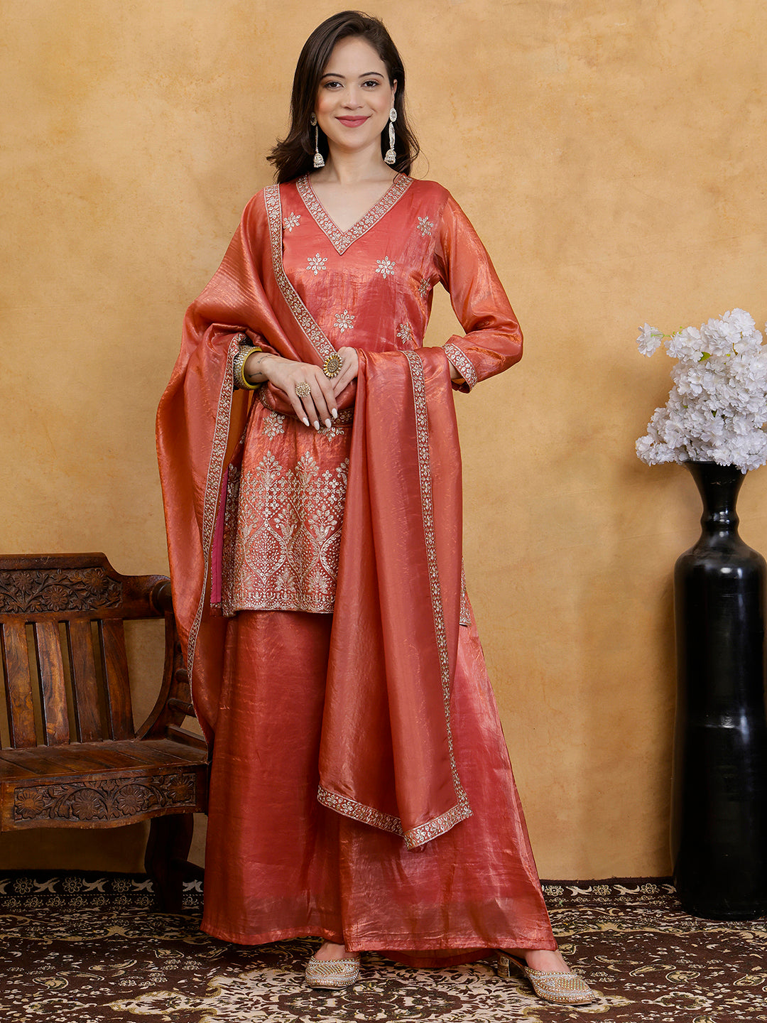 Rust Bloom Embroidered Silk Suit Set with Dupatta