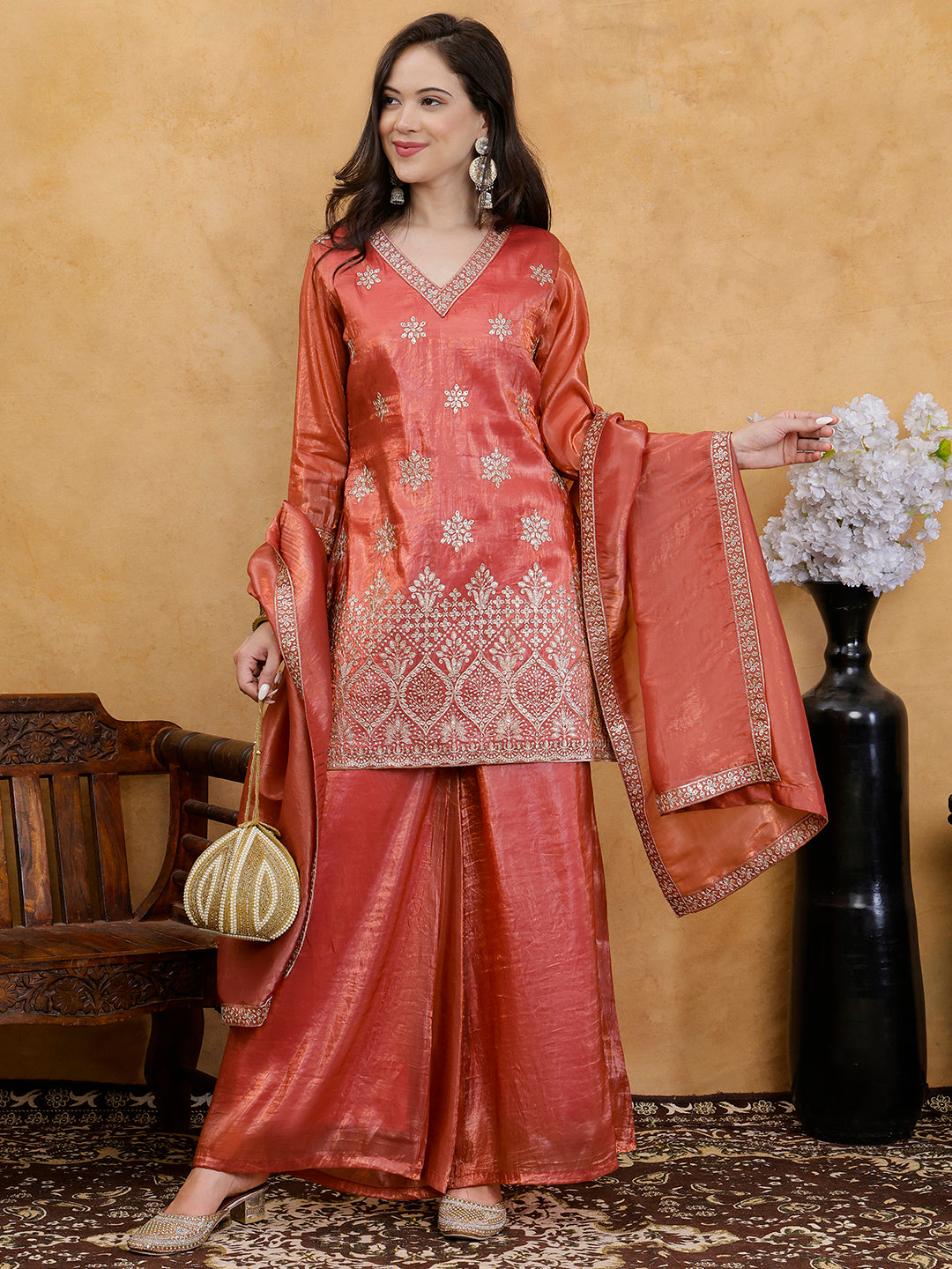 Rust Bloom Embroidered Silk Suit Set with Dupatta