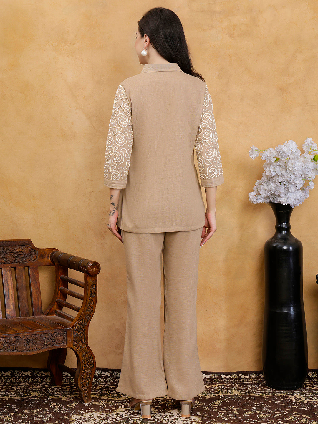 Cream Linen Embroidered Shirt with Solid Palazzos Co-Ord Set | Claura