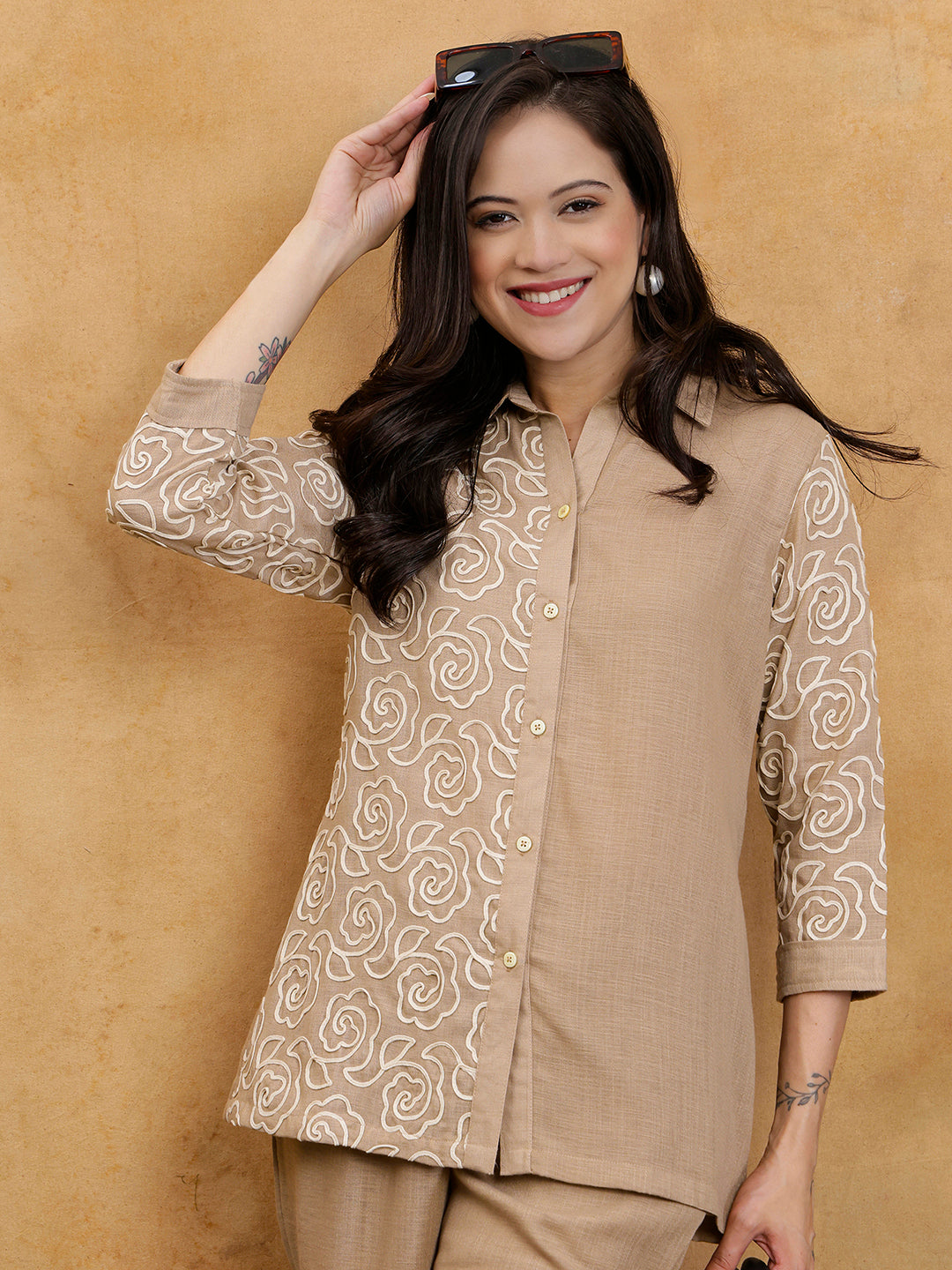 Cream Linen Embroidered Shirt with Solid Palazzos Co-Ord Set | Claura