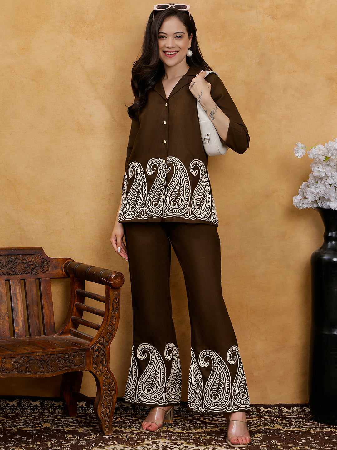 Coffee Brown Embroidered Linen Shirt & Trousers Co-Ord Set | Claura
