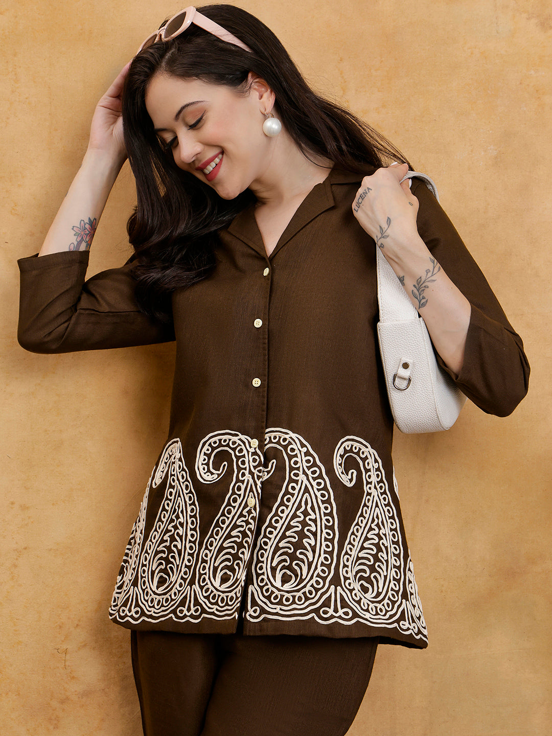 Coffee Brown Embroidered Linen Shirt & Trousers Co-Ord Set | Claura