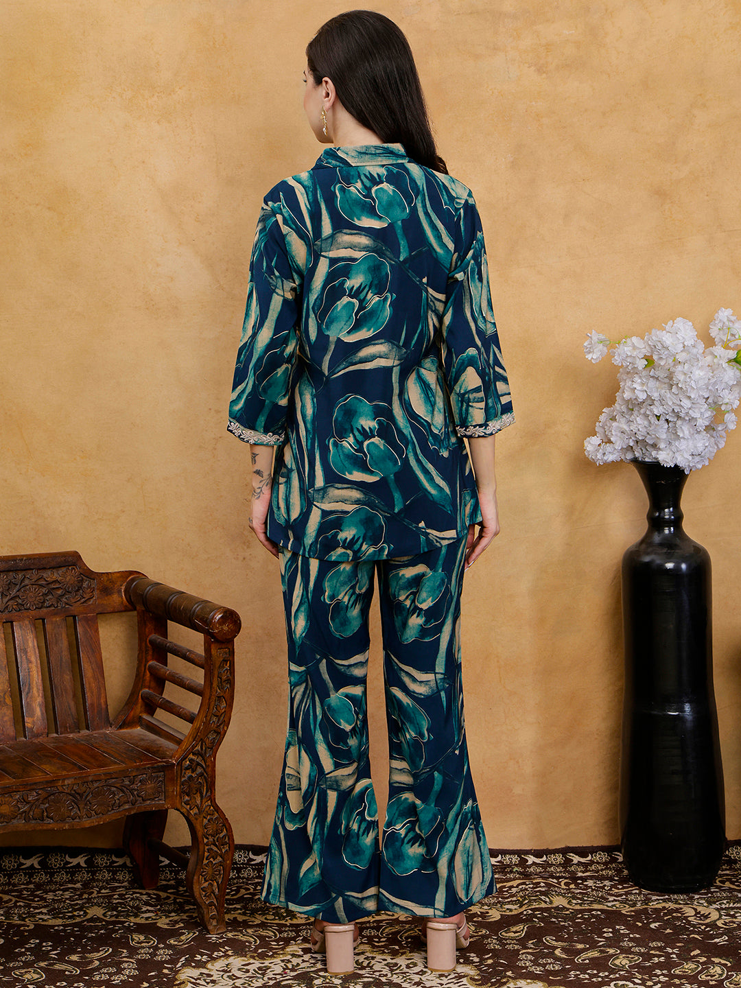 Blue Floral Print Shirt Collar Co-Ord Set with Trousers | Claura