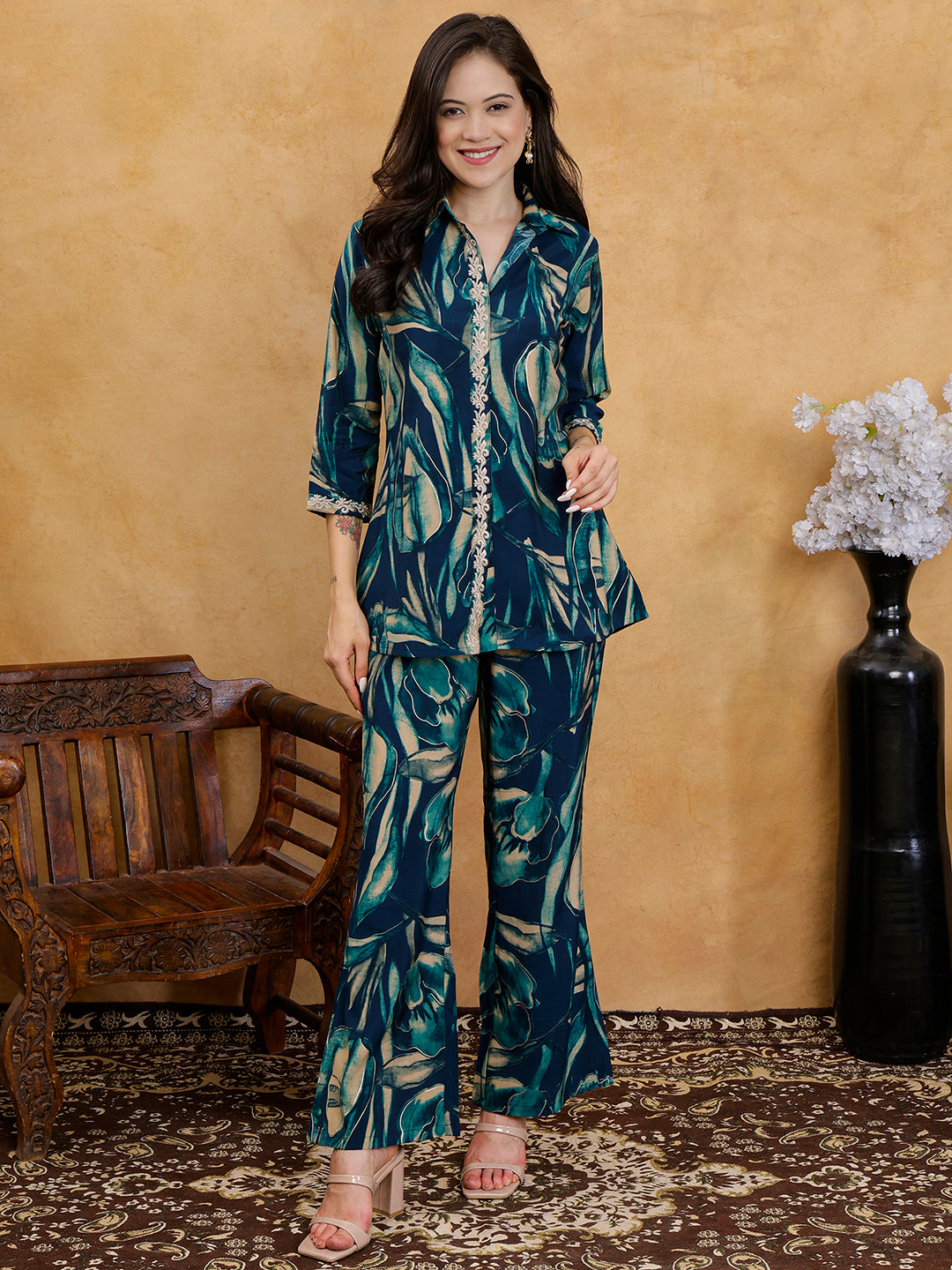 Blue Floral Print Shirt Collar Co-Ord Set with Trousers | Claura