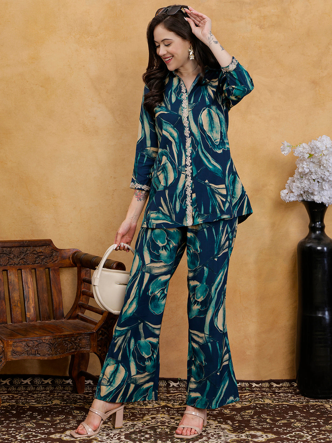 Blue Floral Print Shirt Collar Co-Ord Set with Trousers | Claura