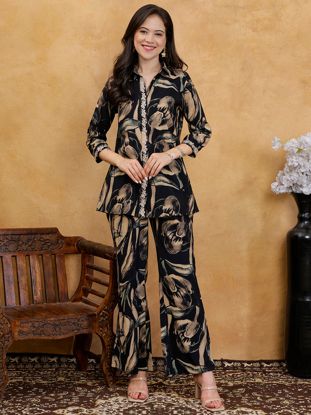 Black Floral Print Shirt Collar Co-Ord Set with Trousers | Claura